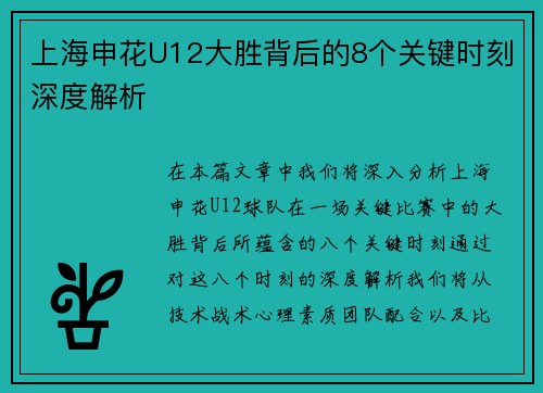 上海申花U12大胜背后的8个关键时刻深度解析