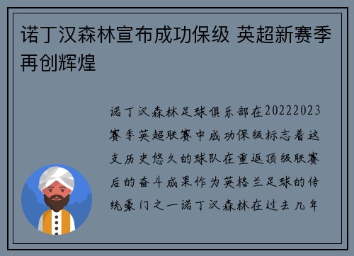 诺丁汉森林宣布成功保级 英超新赛季再创辉煌 诺丁汉森林宣布成功保级 英超新赛季再创辉煌