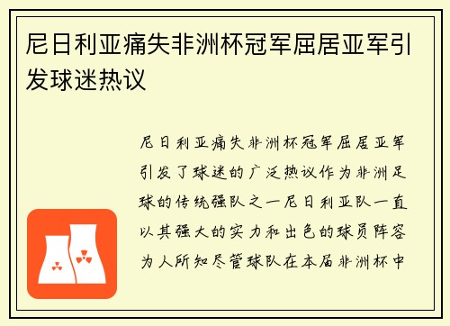 尼日利亚痛失非洲杯冠军屈居亚军引发球迷热议